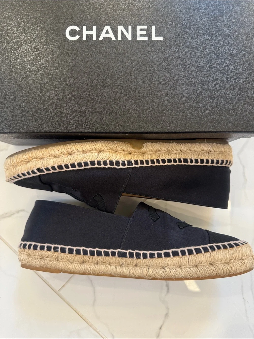 CHANEL Black Espadrille Slip-On Loafers with Interlocking CC